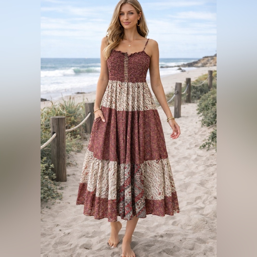 Earthbound Trading Co Women’s Medium Bohemian Silk Patchwork Midi Dress